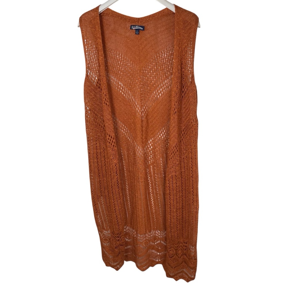 Freshman 1996 Rust Orange Long Crocheted Knit Duster Cardigan, L
